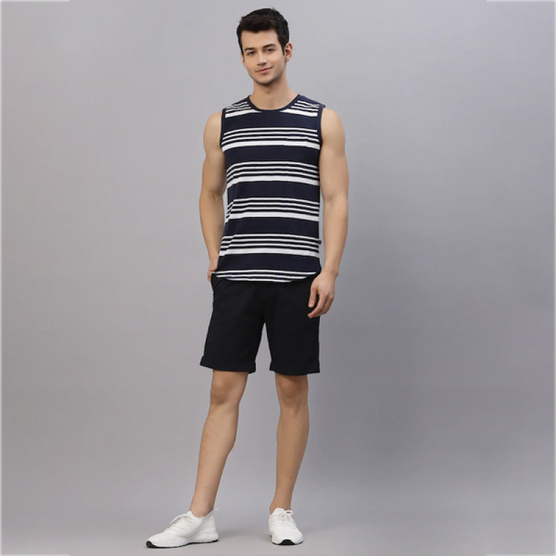 Men Navy Blue & White Striped Round Neck Sleeveless T-Shirt Vest