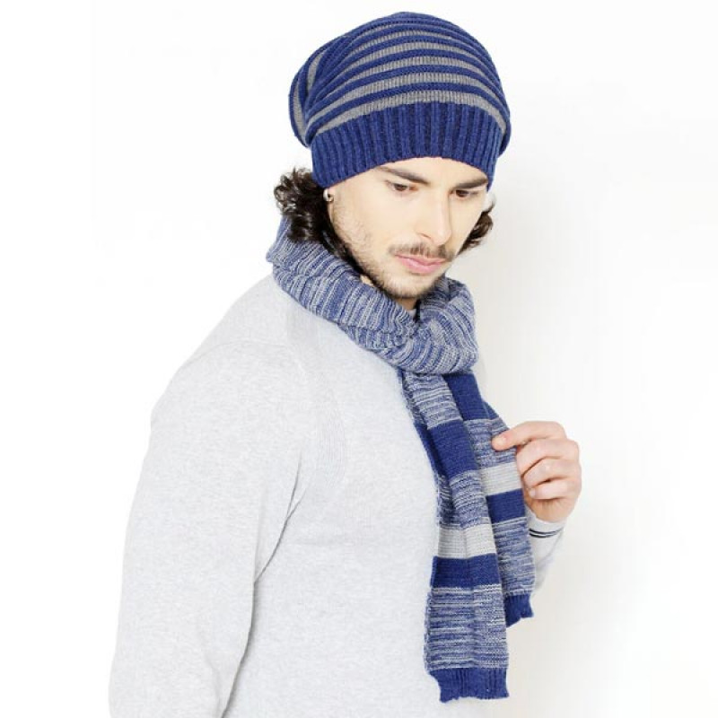 Men Blue & Grey Beanie With Muffler Set