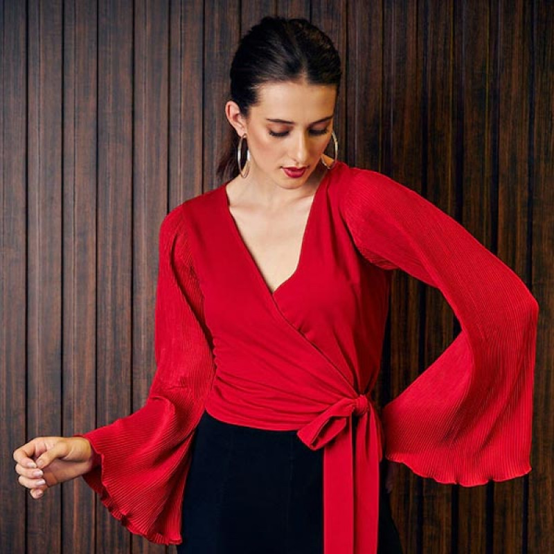 Women Red Wrap Top