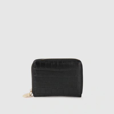 Women Black Croc Textured Zip Around Wallet