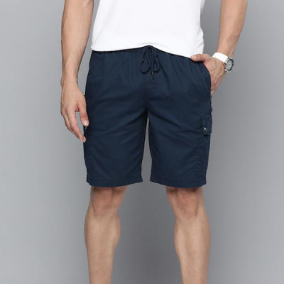 Men Navy Blue Solid Pure Cotton Cargo Shorts