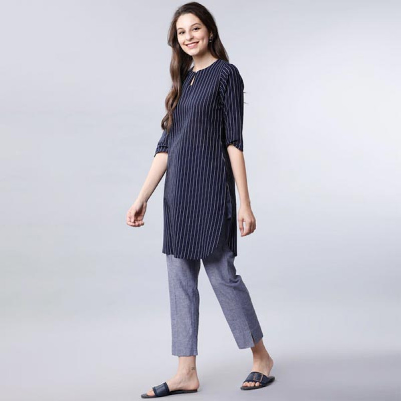 Women Navy Blue & White Striped Tunic